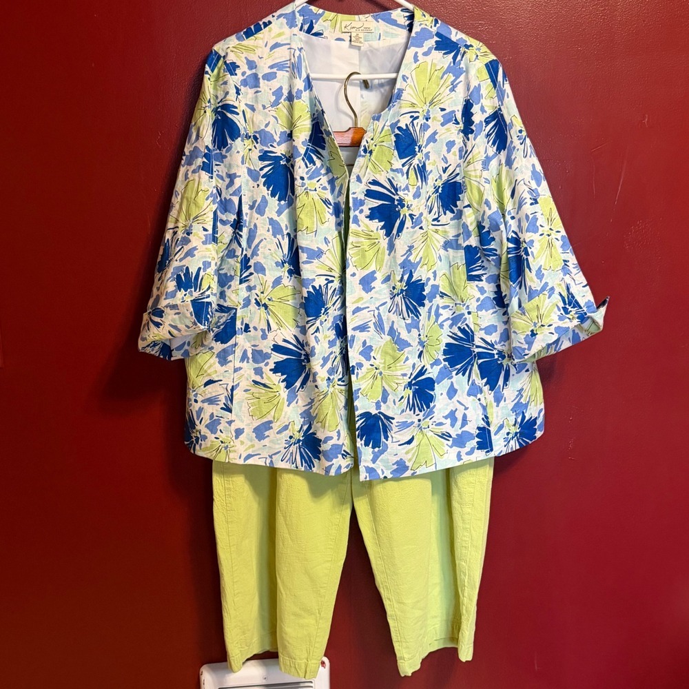Kim Rogers Women 1X Floral Print Jacket & Pants Set Blue Green White